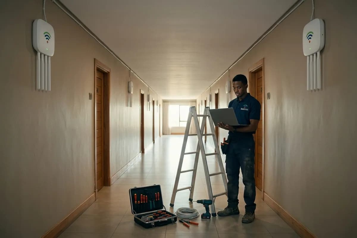 A SabiWiFi installer checking a newly mounted access point in a lodge corridor, ladder and open toolkit at his feet.