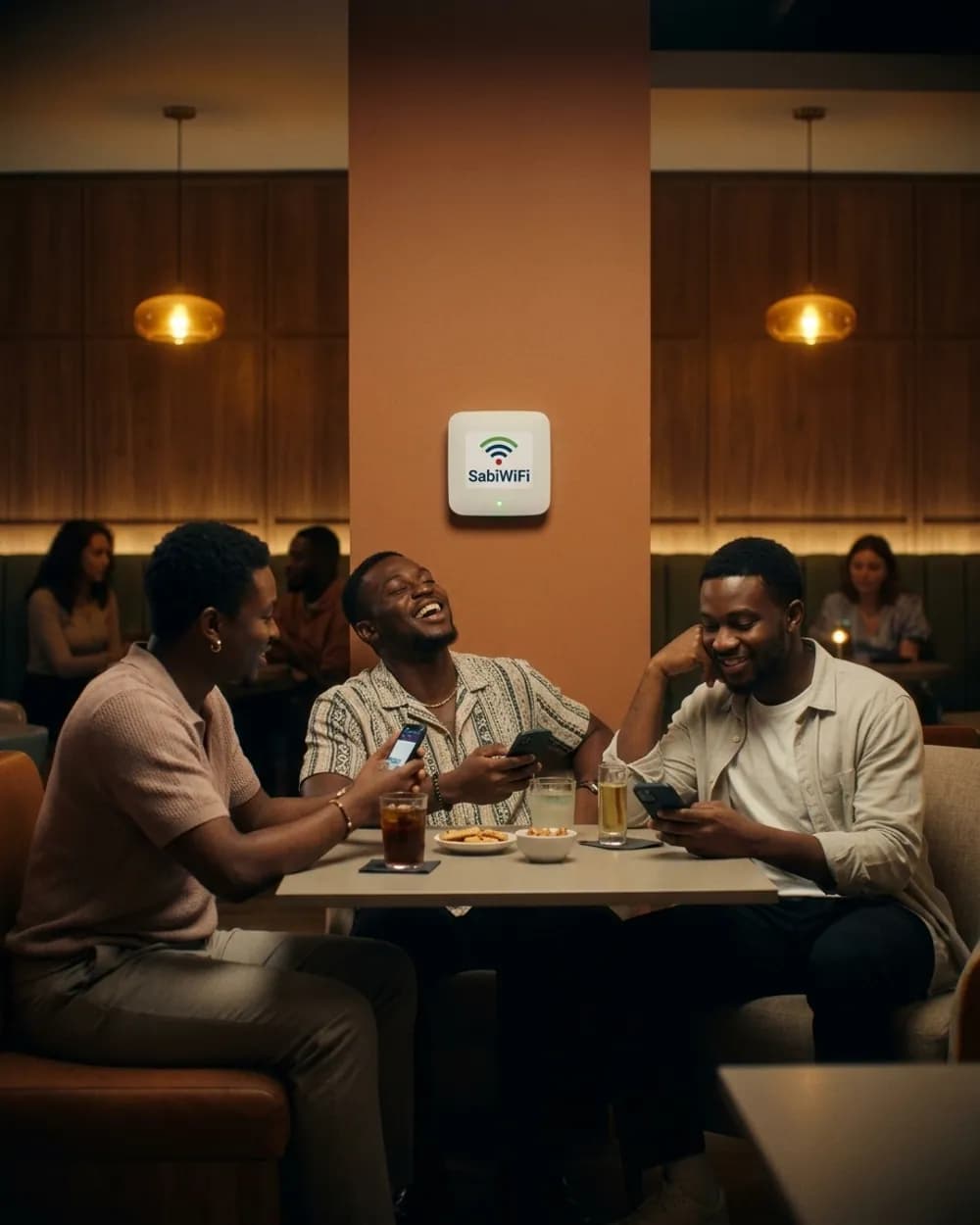 Three friends laughing over drinks at a lounge table, phones out, a SabiWiFi access point on the wall behind them.