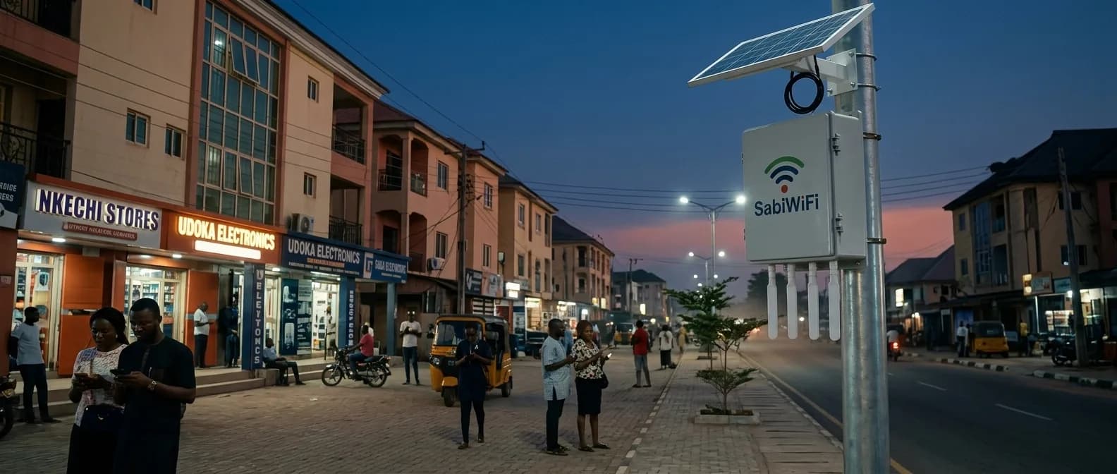 A solar-powered SabiWiFi hotspot on a pole above an Awka shopping street at dusk, with people on their phones nearby.