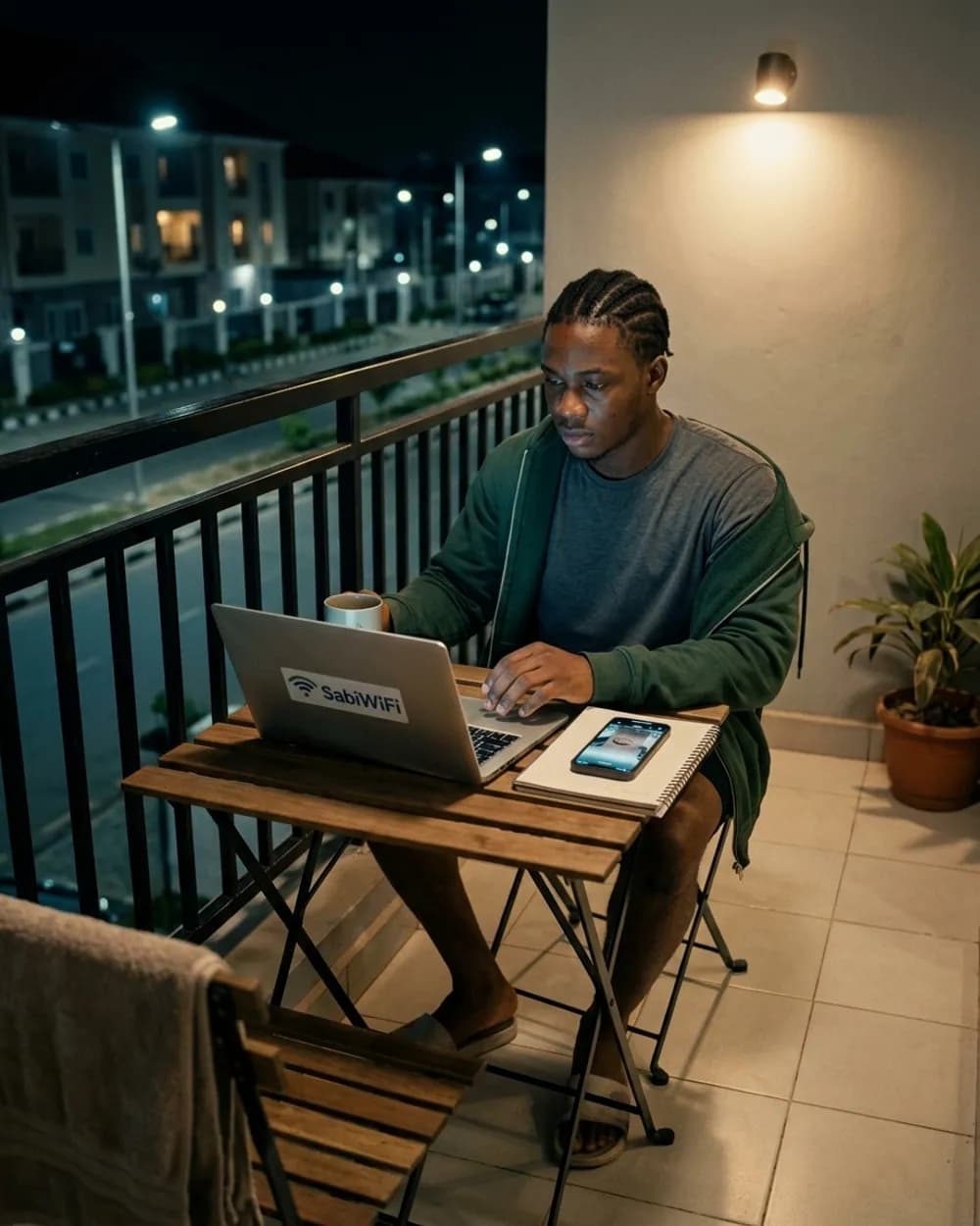 A student working on a SabiWiFi-stickered laptop on a lodge balcony in Awka at night, phone beside them on the login screen.